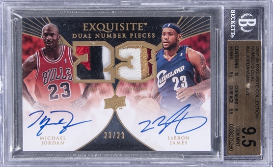 2007-08 Exquisite Collection "Dual Number Pieces" #EDN-JJ Michael Jordan/LeBron James Dual-Signed Game Used Patch Card (#23/23) – BGS GEM MINT 9.5/BGS 10